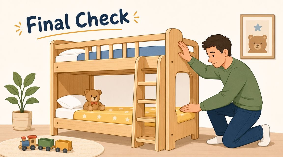A father kneeling next to a wooden bunk bed, performing a final check after assembly.