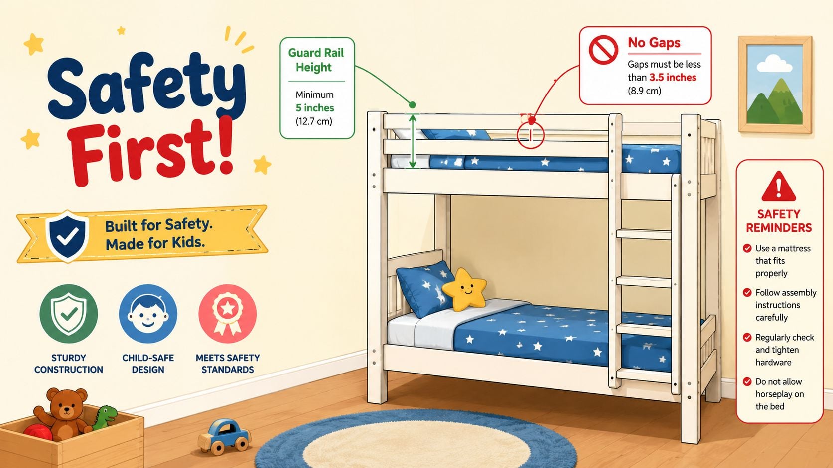 A safety infographic for a white wooden toddler bunk bed showing guard rail height and gap standards.