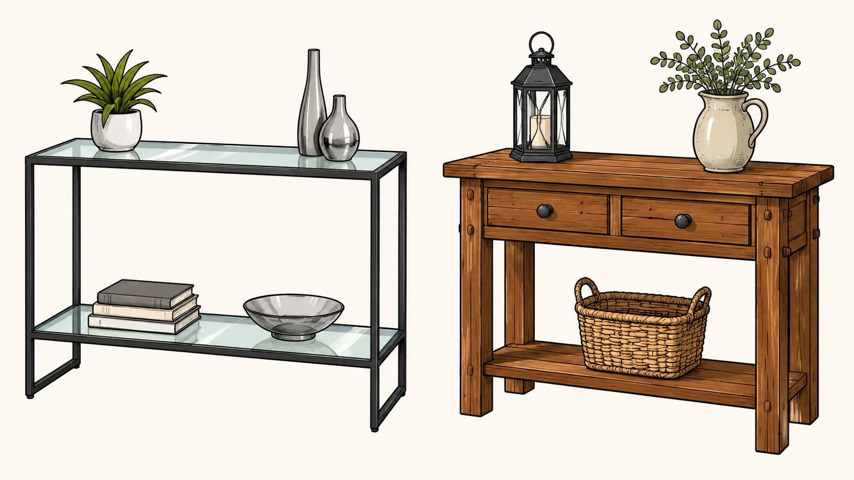 Two console tables side by side, one with a glass top and one made of rustic wood.
