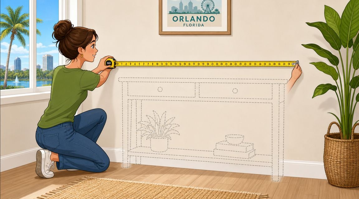 A woman kneeling on the floor measures the wall space for a future console table placement.