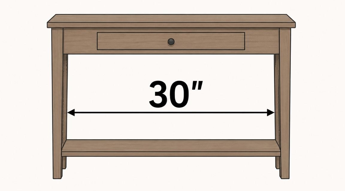 A simple wooden console table with one drawer and a lower shelf, measuring 30 inches in width.