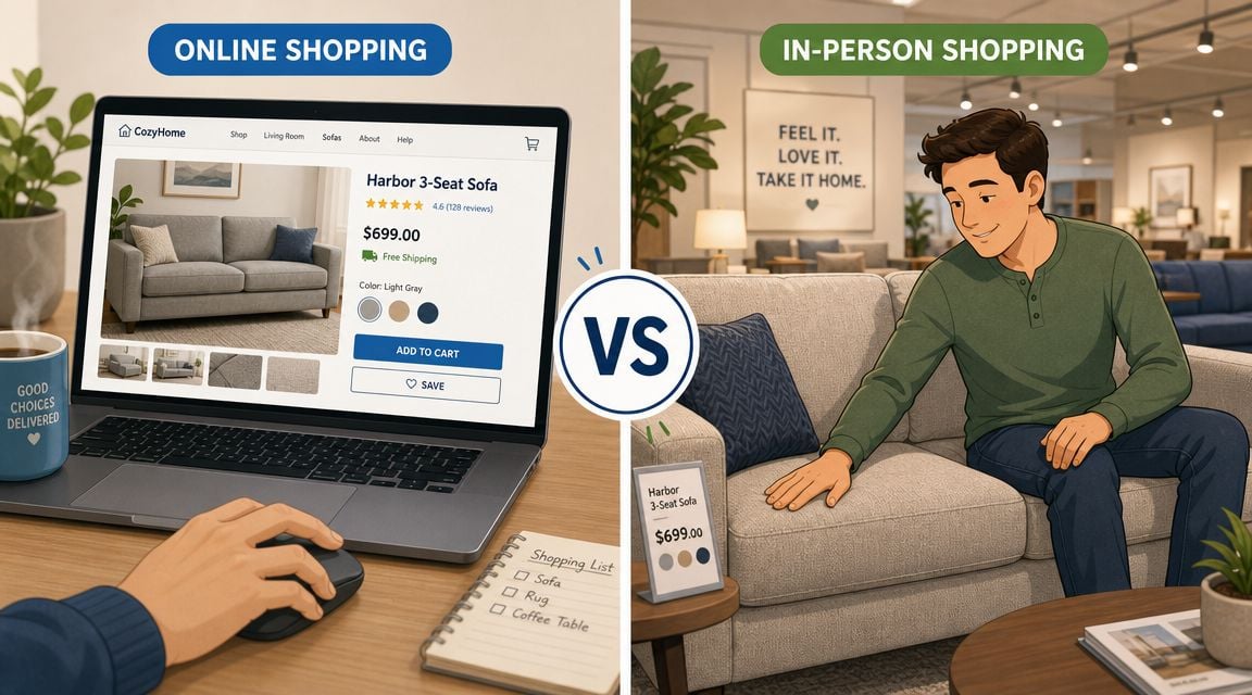 A split image comparing the experience of buying an affordable sofa online versus shopping in a store.