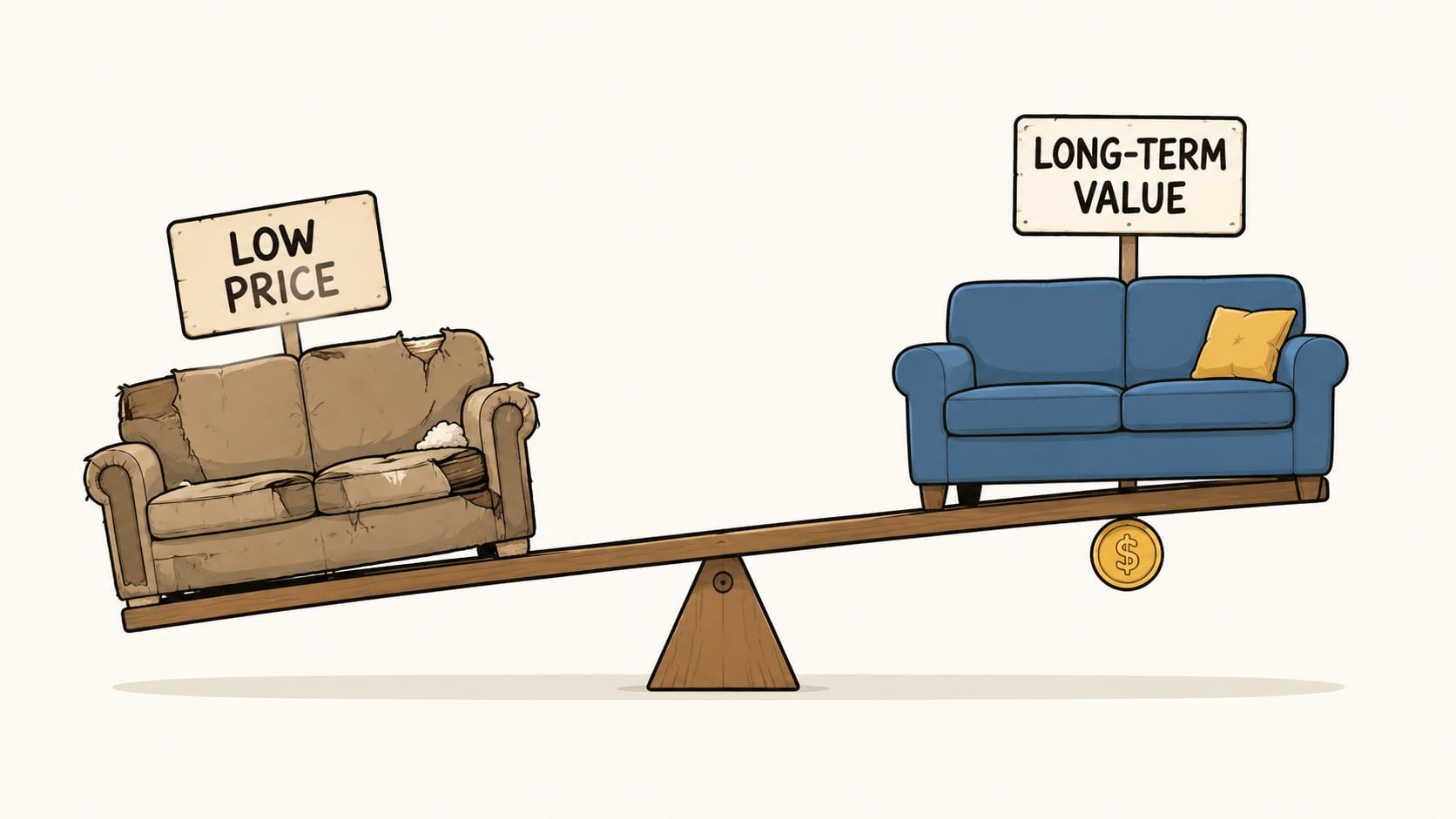 A seesaw balancing a worn-out brown couch labeled low price against a new blue couch for long-term value.