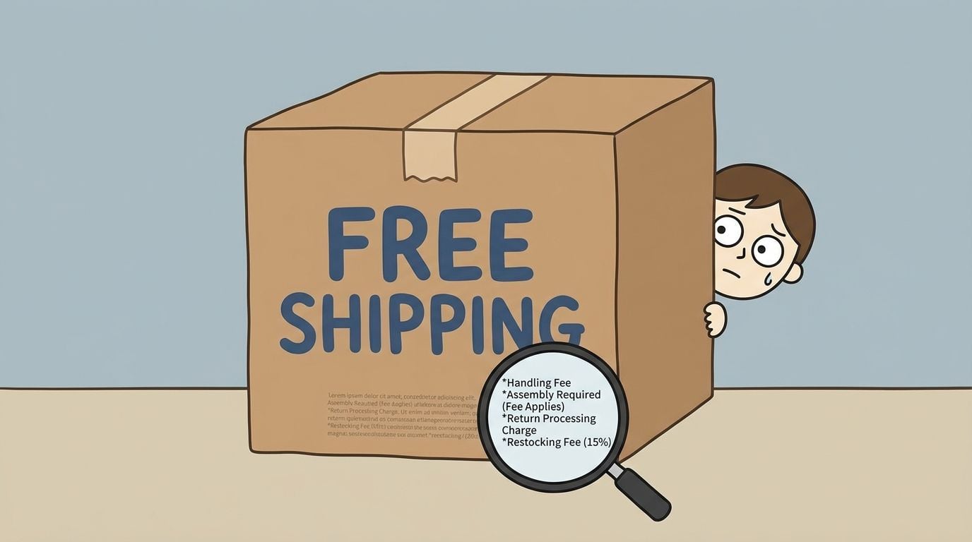 A concerned person peeking behind a cardboard box labeled Free Shipping with hidden fees revealed by a magnifying glass.