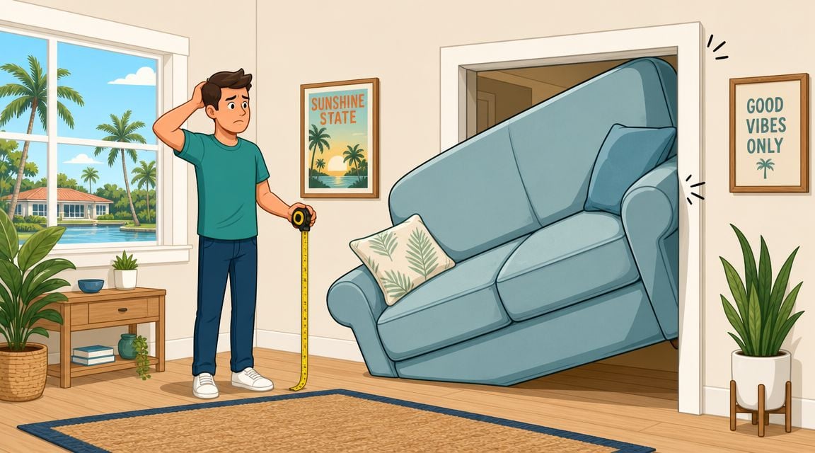 A confused man measuring a large blue couch that is stuck in a room doorway.