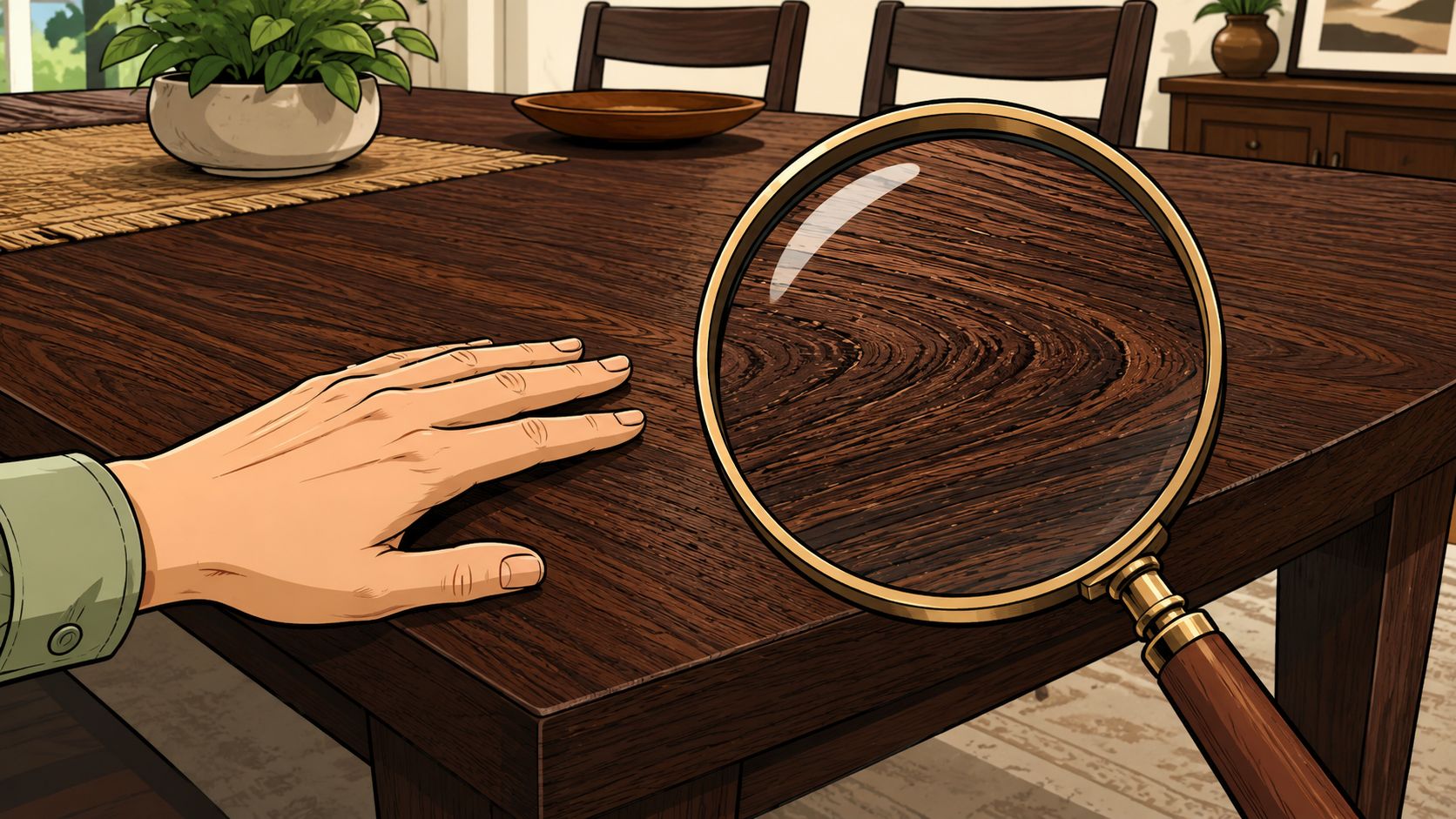 A close-up view of a hand touching a dark wood dining table with a magnifying glass.