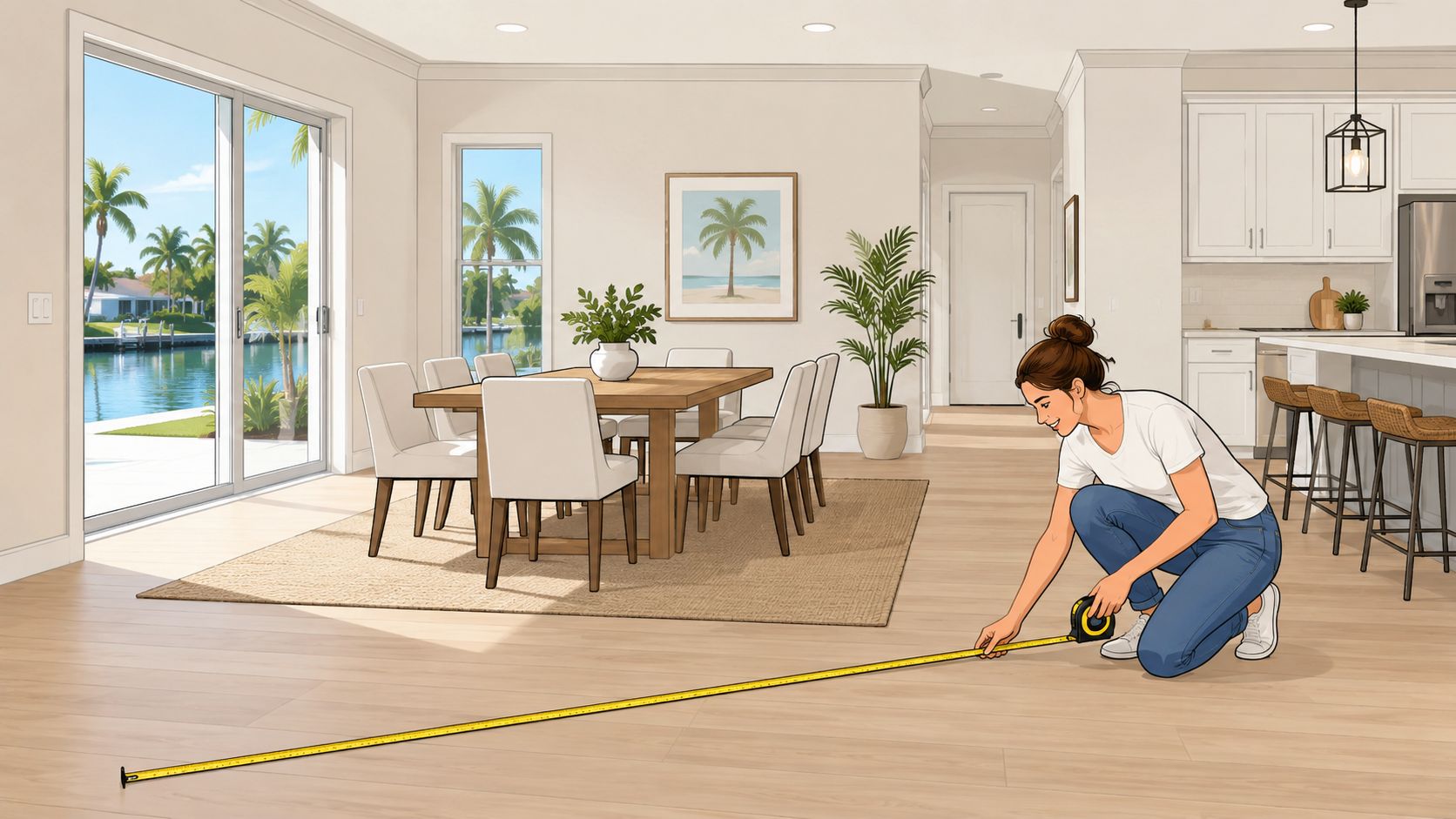 A woman using a tape measure to measure the floor space in a modern home interior.