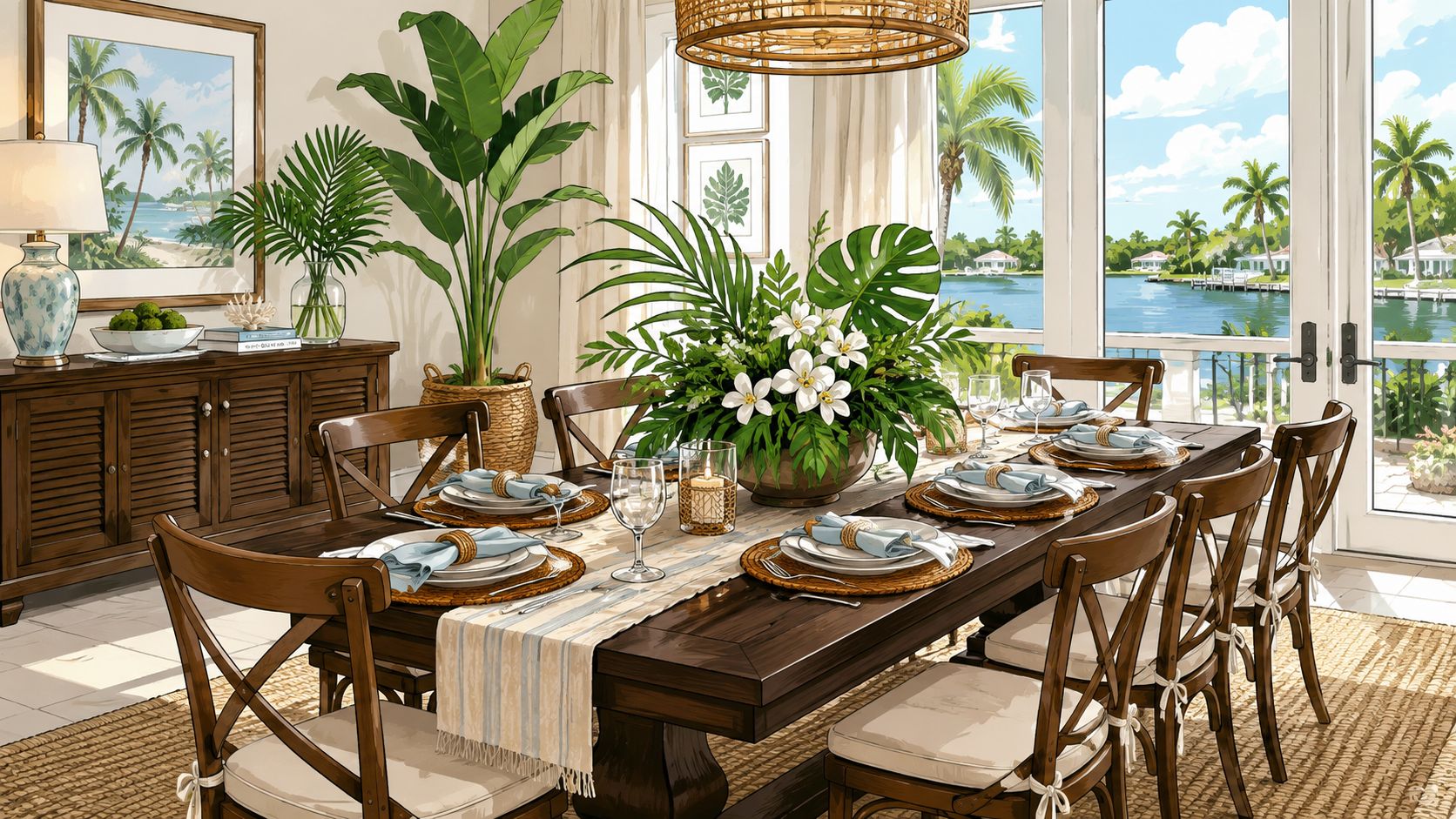 A sophisticated dining room featuring a dark wood dining room set with tropical decor and waterfront views.