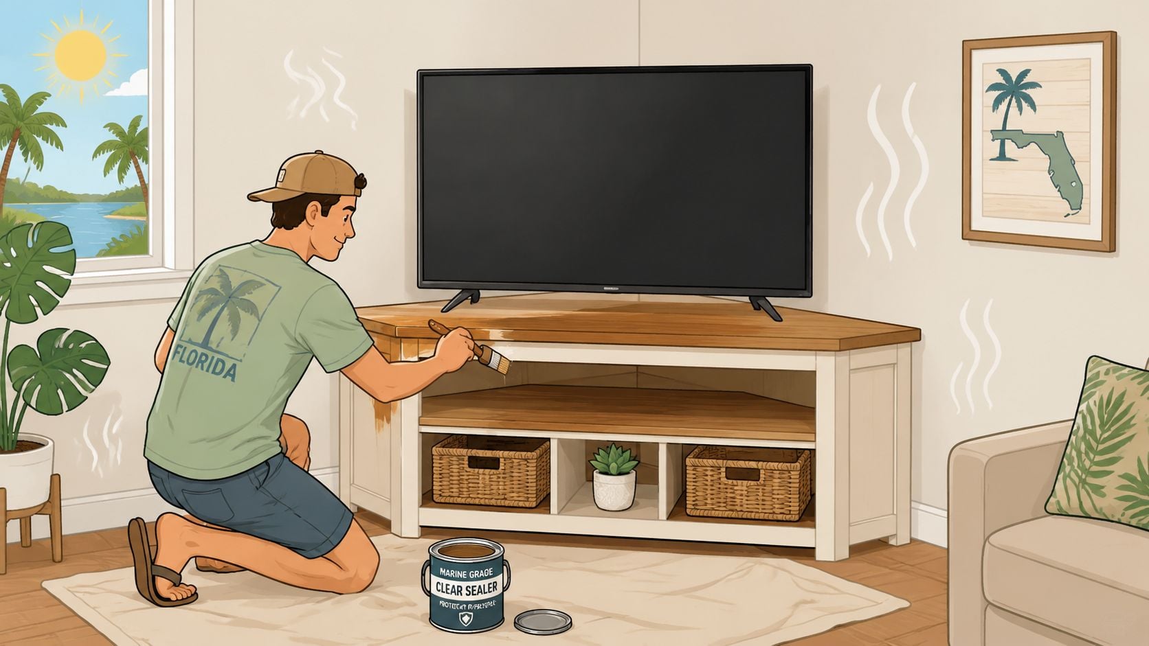 A young man kneeling on a rug applying clear wood sealer to a corner television stand.