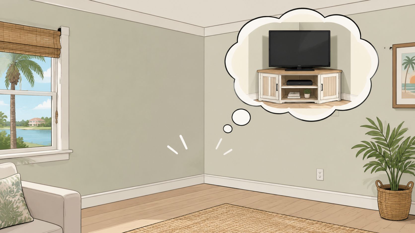 A living room corner with a thought bubble illustrating a new corner TV stand setup.