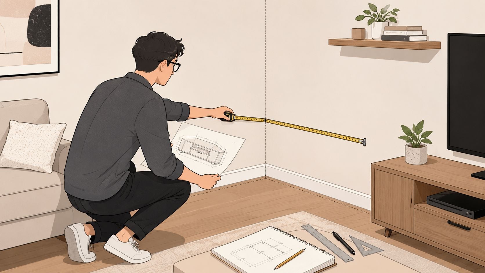 A man in a living room measuring a corner wall to plan for a DIY TV stand.