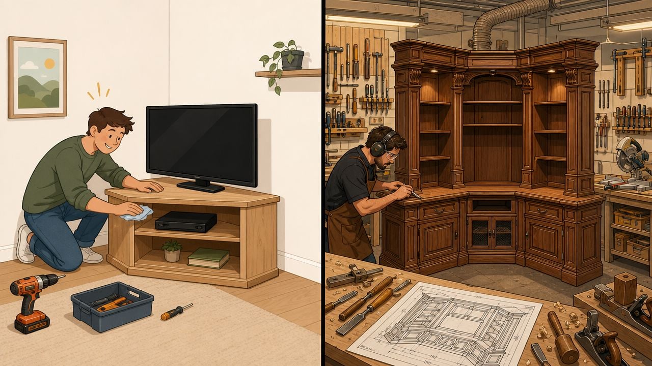 A split image showing a man cleaning a simple corner TV stand versus a woodworker crafting an ornate cabinet.