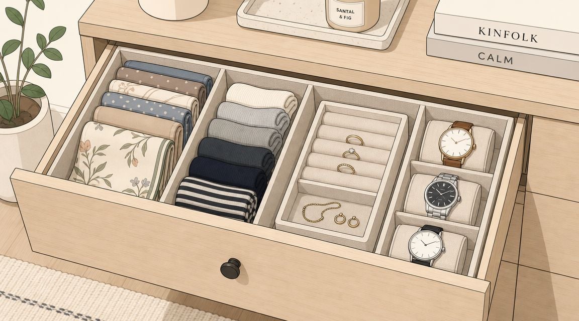 An open wooden dresser drawer organized with fabric accessories, folded items, jewelry, and luxury watches.