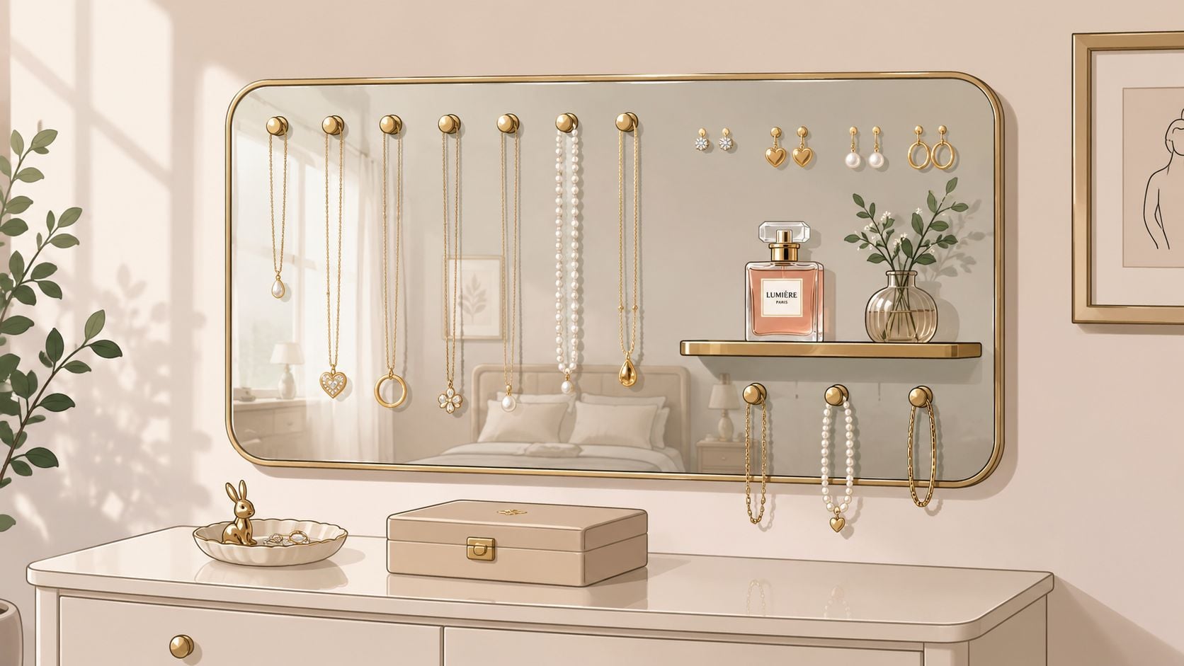 An elegant dressing table with a wall-mounted mirror organizer displaying necklaces, earrings, perfume, and a jewelry box.