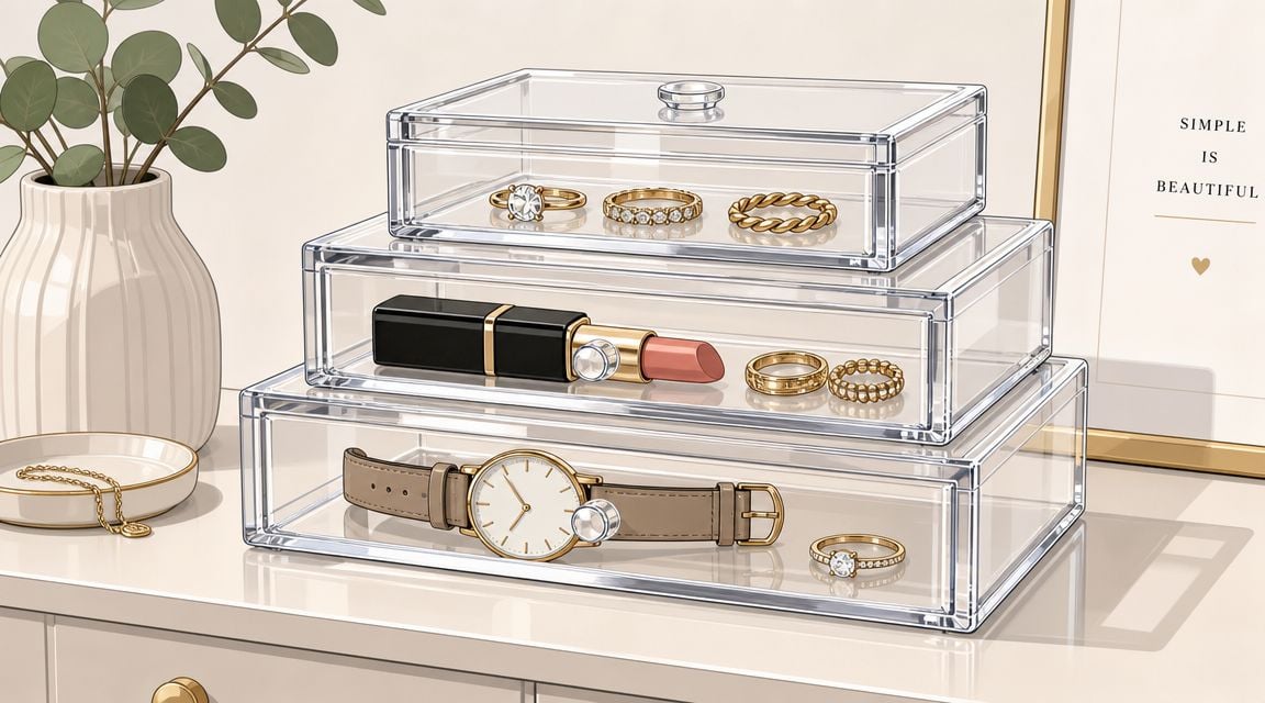 A clear acrylic jewelry and makeup storage organizer sitting on a clean, organized dresser top.