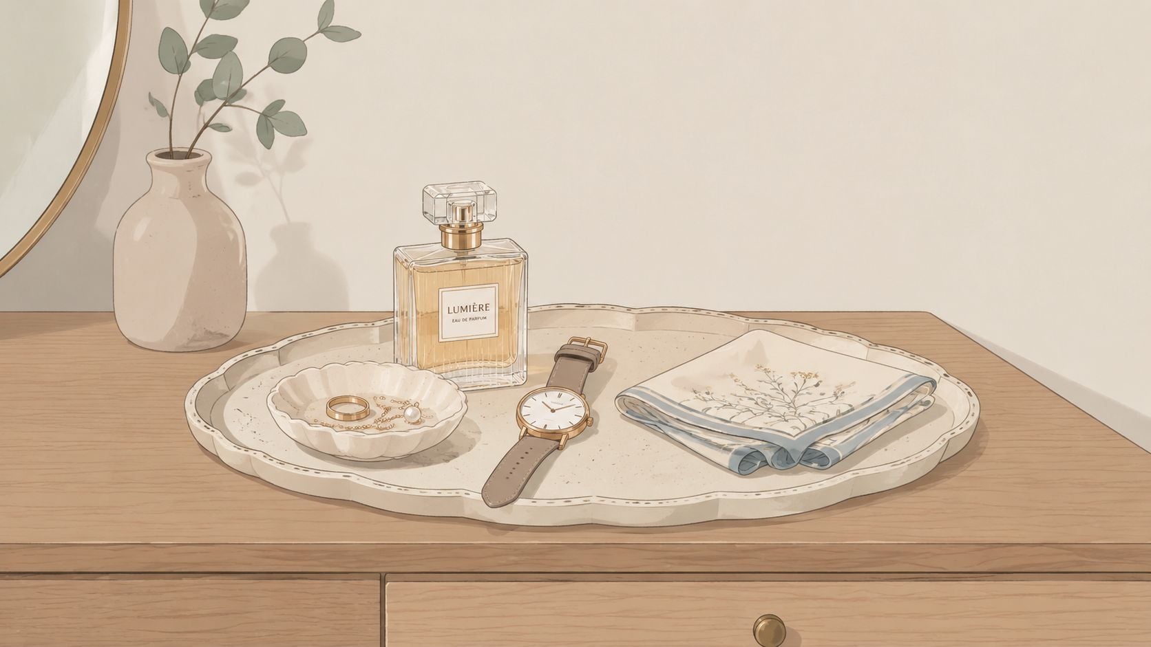 A minimalist dresser top features a decorative tray holding perfume, a watch, jewelry, and a floral handkerchief.