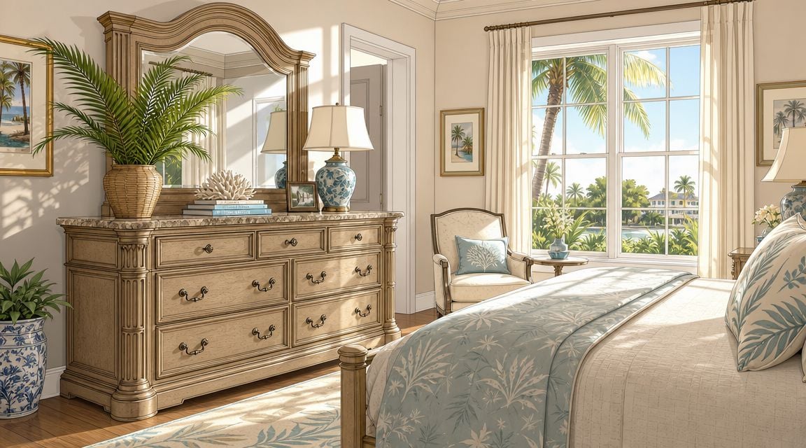 A beautiful coastal-themed bedroom featuring a wooden dresser with a granite top and a tropical decor.