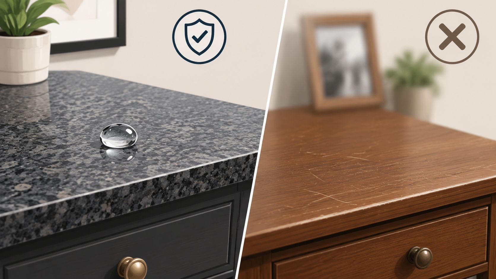 A comparison image showing a scratch-resistant granite dresser top versus a scratched wooden dresser surface.