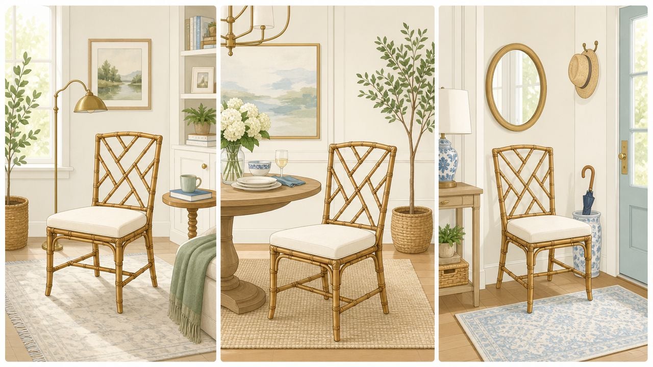 A set of three stylized illustrations showcasing elegant faux bamboo chairs in a living room, dining room, and entryway.