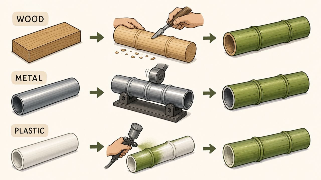 A diagram illustrating the industrial manufacturing processes to create faux bamboo poles from wood, metal, and plastic materials.