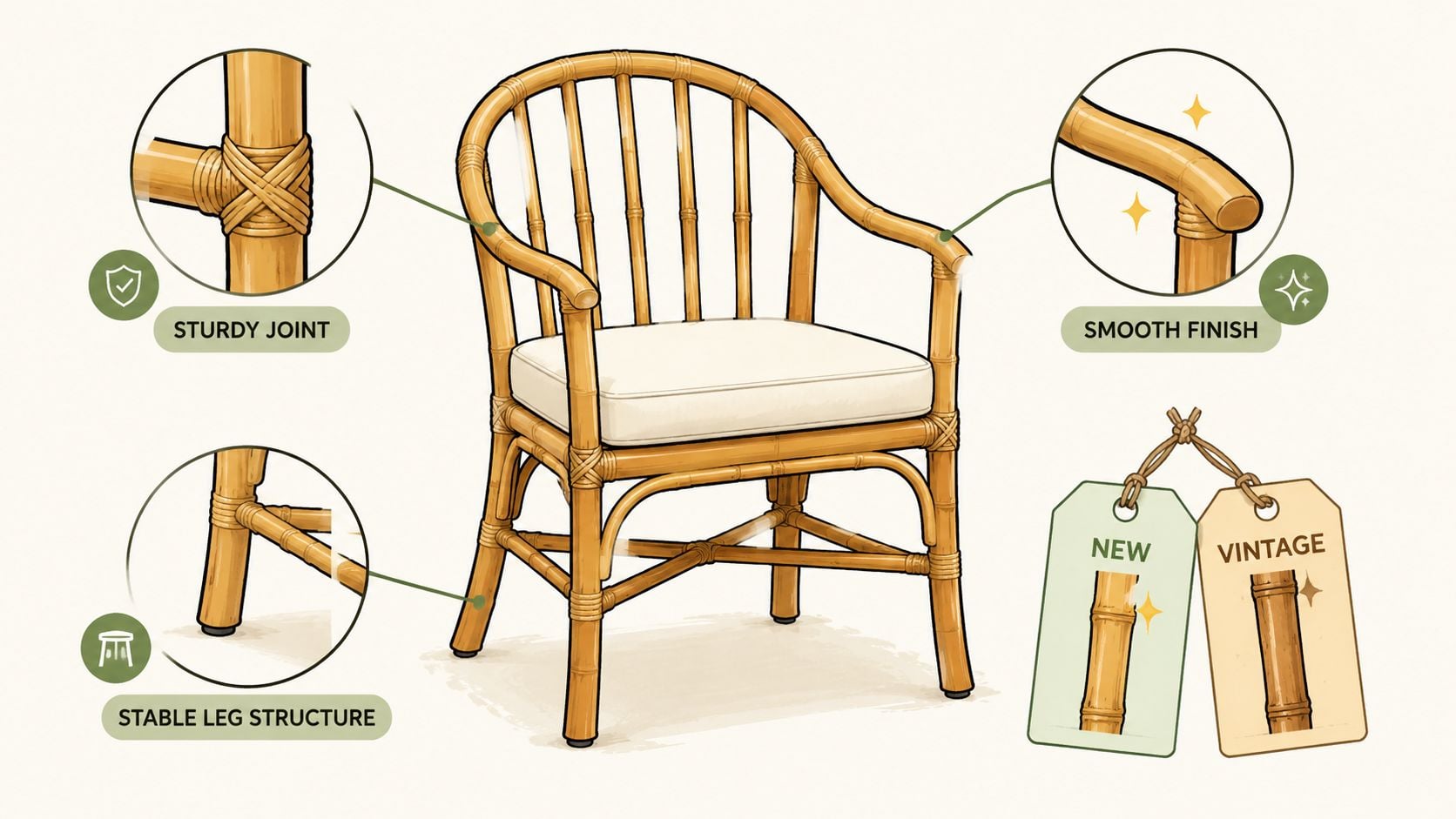 A detailed illustration of a rattan chair highlighting its sturdy joints, smooth finish, and stable leg structure.