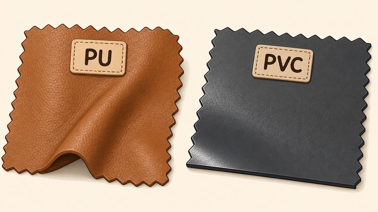 Two square swatches of brown faux leather and black synthetic leather labeled PU and PVC respectively.