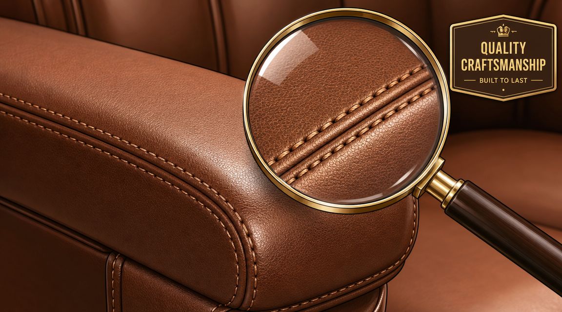A close-up view of a brown leather chair viewed through a magnifying glass, highlighting detailed stitching.