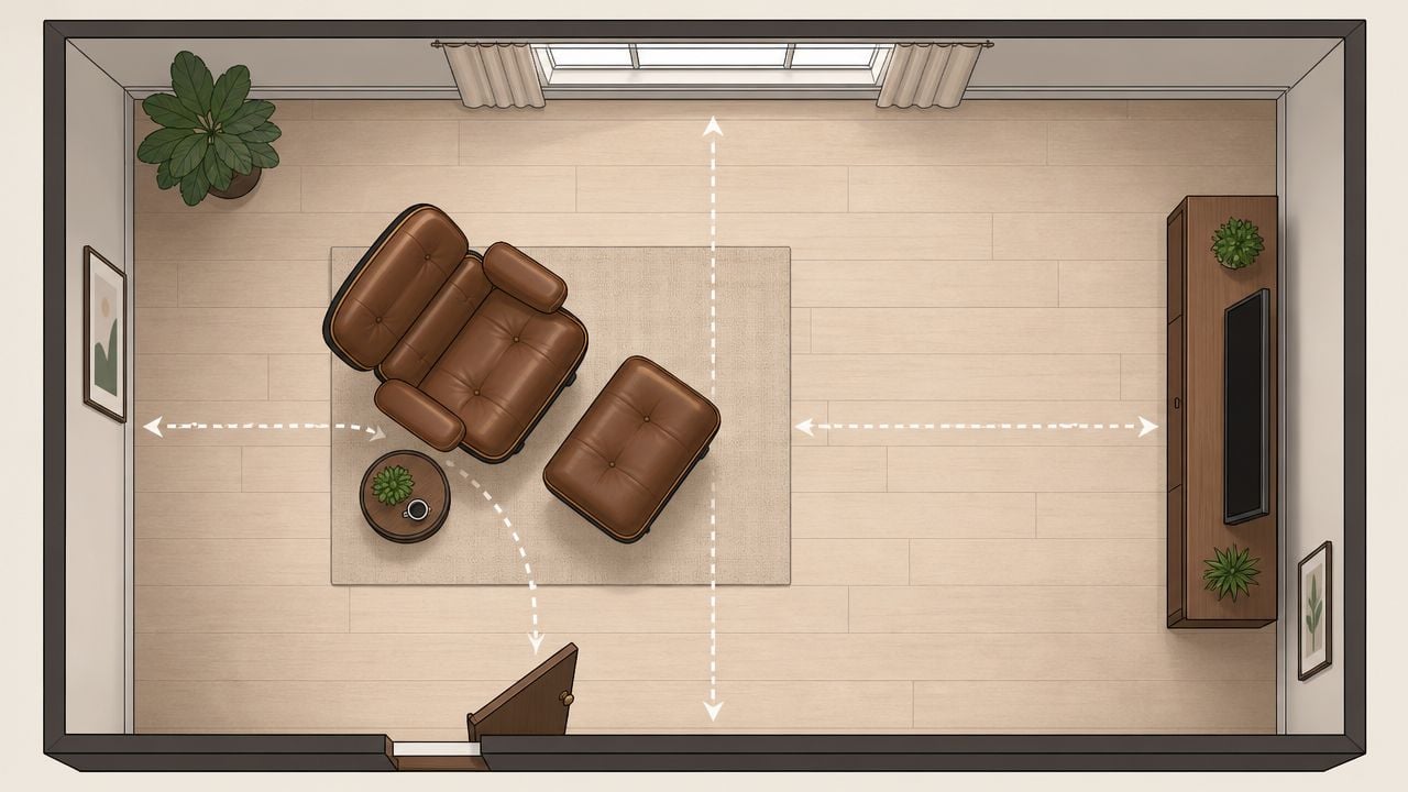 Top-down floor plan view of a cozy living room featuring a brown leather chair and ottoman set.
