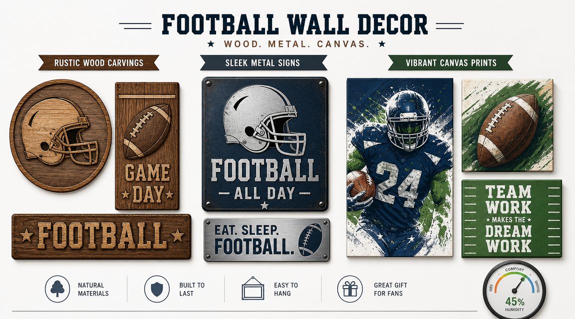 A collection of football-themed wall decorations including wood carvings, metal signs, and canvas prints on display.