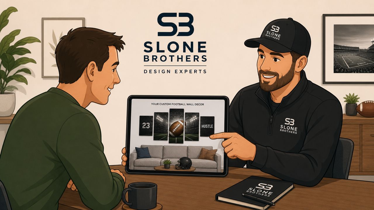 A professional designer presents a custom five-panel football wall decor design to a client on a tablet.