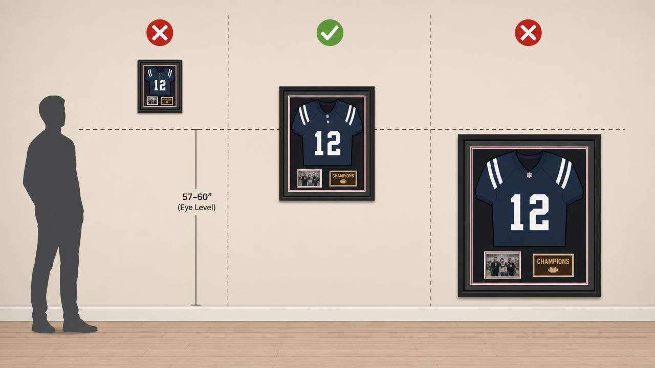 An illustration showing the correct eye-level height for hanging framed football jersey displays on a wall.