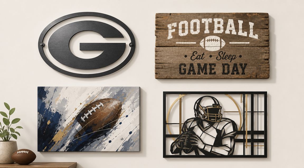 Four different pieces of football-themed wall decor arranged on a neutral wall with a small plant.
