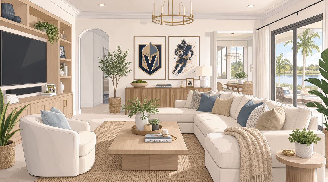 A modern, bright living room featuring a cozy white sofa, wooden coffee table, and professional football wall decor.