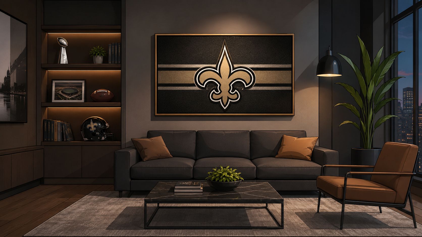 A modern living room decorated with New Orleans Saints football memorabilia, featuring a team logo wall art.