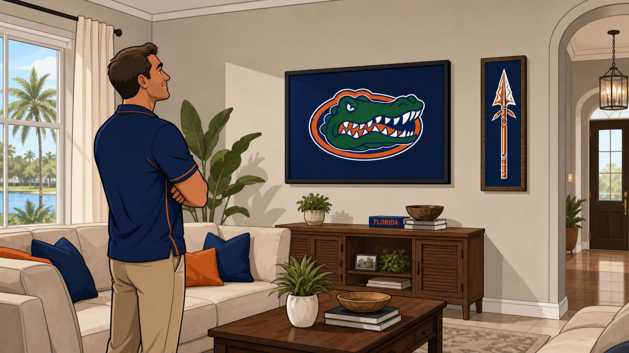 A man stands in a living room decorated with Florida Gators themed football wall decor and artwork.