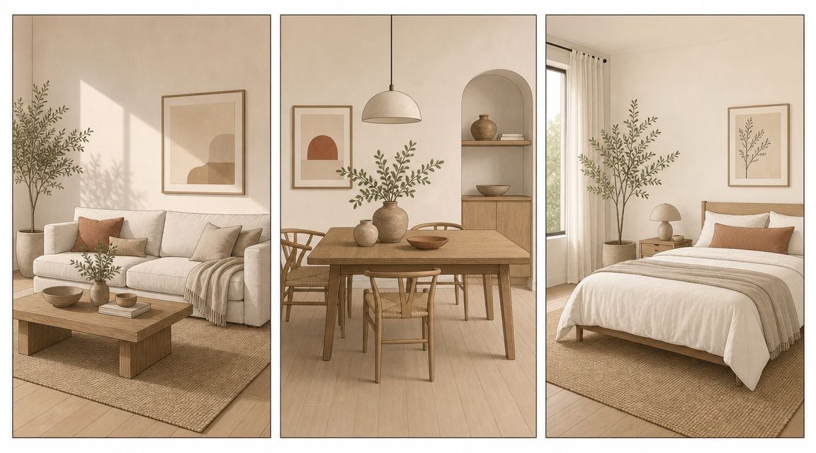 A triptych showing three cozy interior rooms decorated in a minimalist style with warm, earthy, and neutral tones.