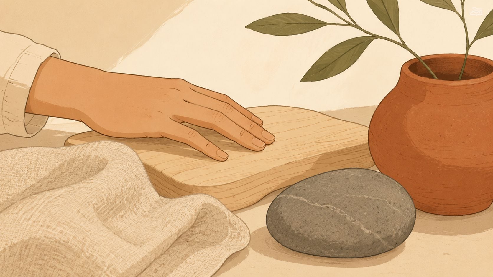 A hand rests gently on a wooden board beside a stone, a vase, and fabric.
