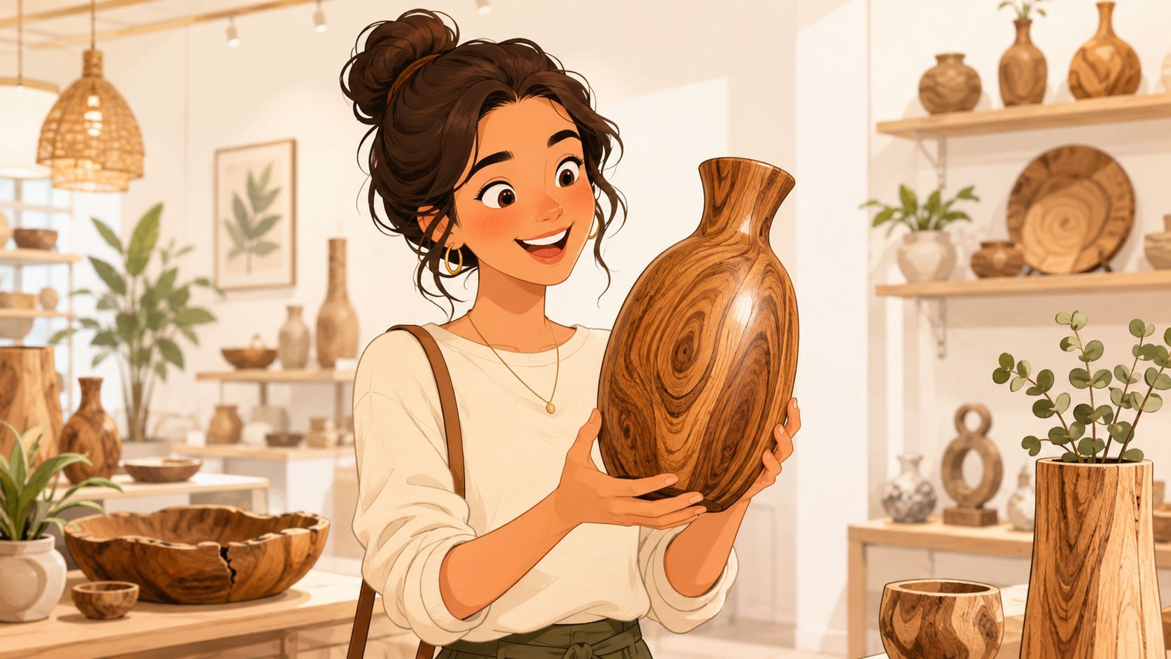 A cheerful young woman with a bun hairstyle admiring a beautiful handcrafted wooden vase in a home decor store.