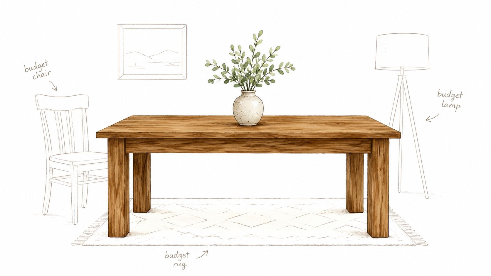 A digital illustration showing a wooden dining table with a vase and sketches of budget-friendly home furniture.
