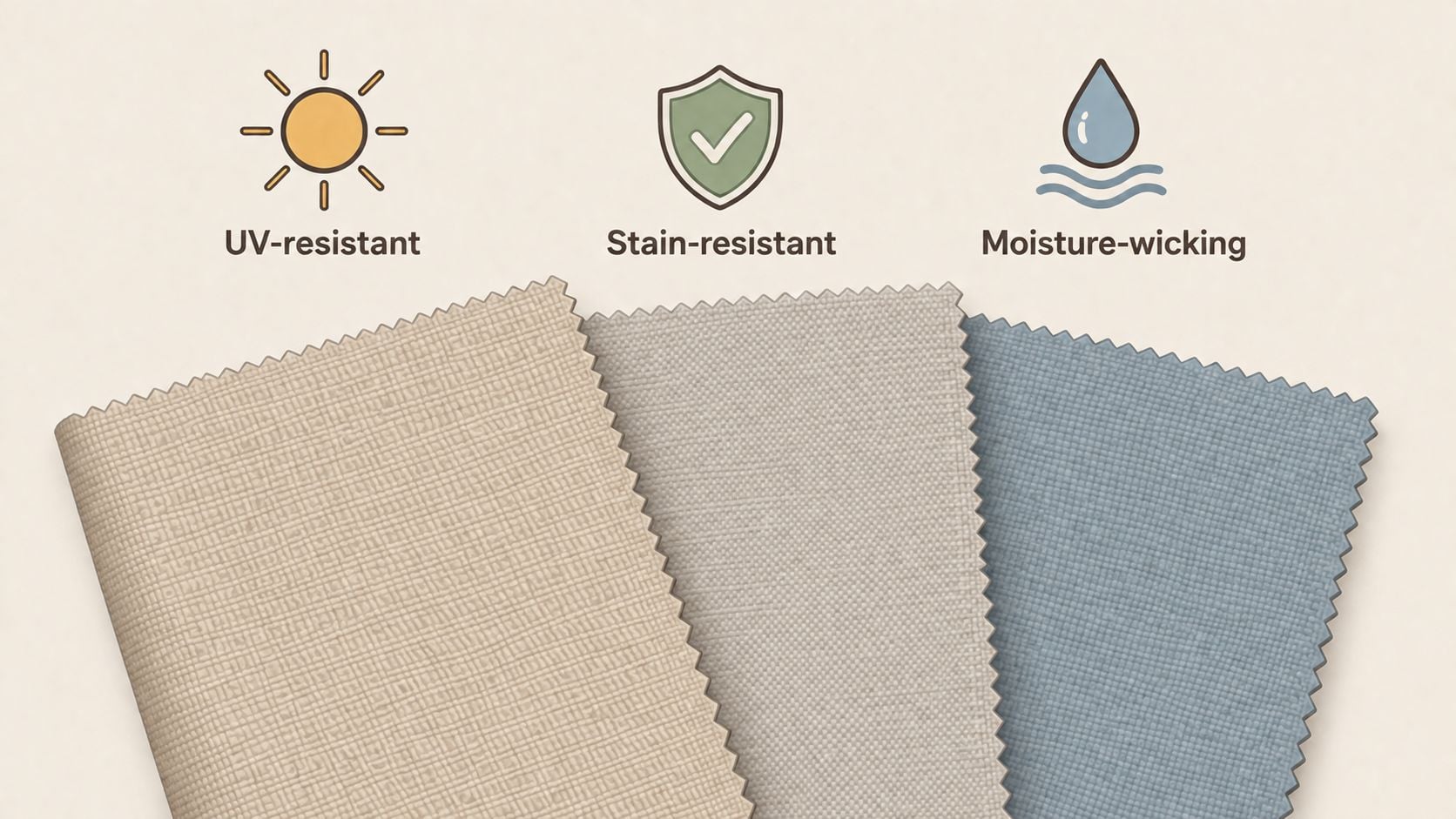 Fabric swatches showing three neutral colors with icons representing UV-resistant, stain-resistant, and moisture-wicking properties.