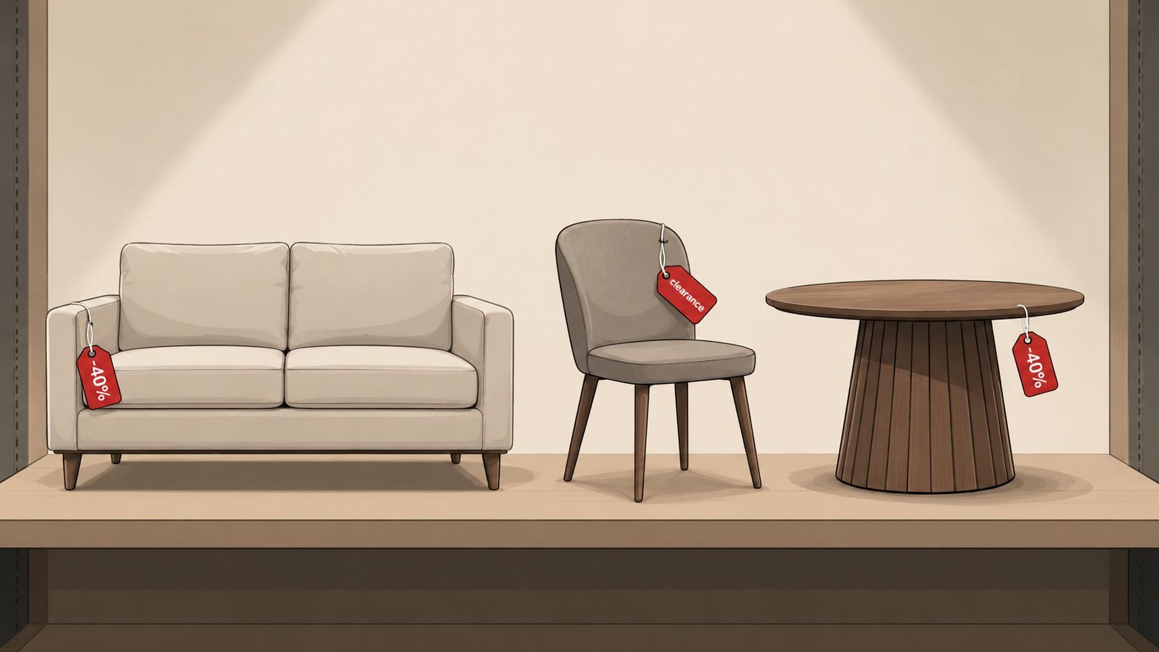 A minimalist display of furniture including a light-colored sofa, a grey dining chair, and a round wooden table.