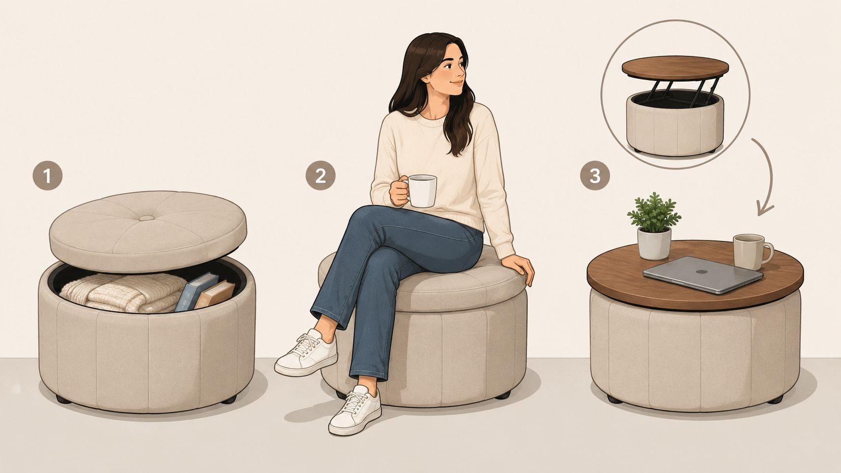 A woman sits on a versatile circular beige ottoman that converts into a coffee table with storage.