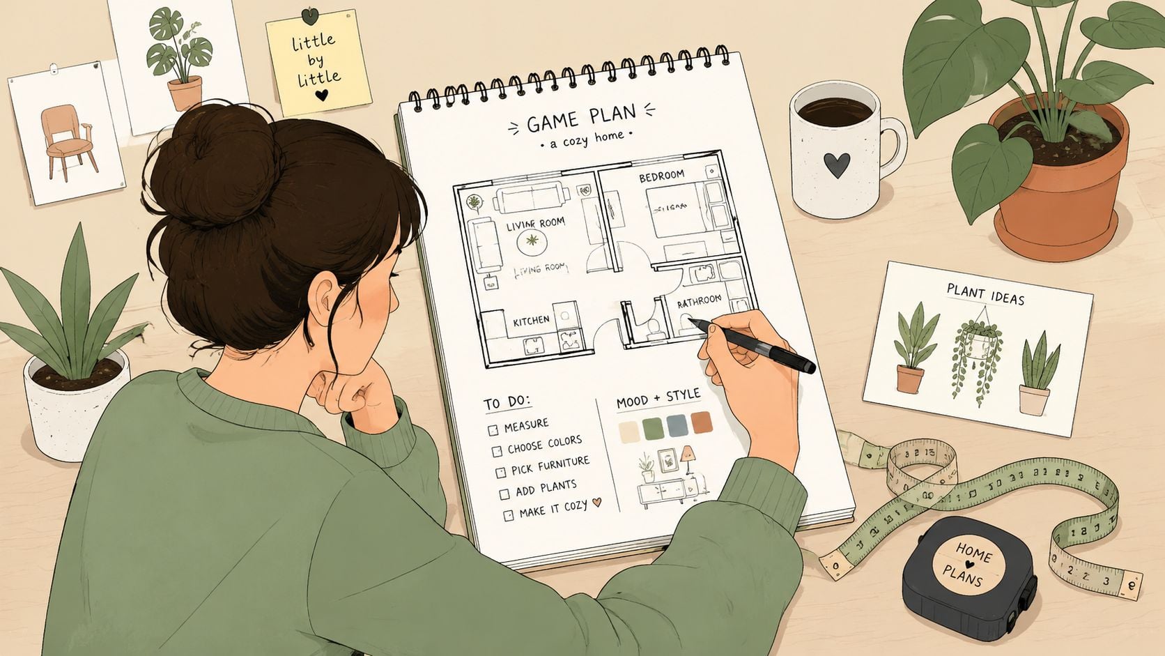 A woman sketching a floor plan for home renovation inside a cozy, plant-filled workspace.