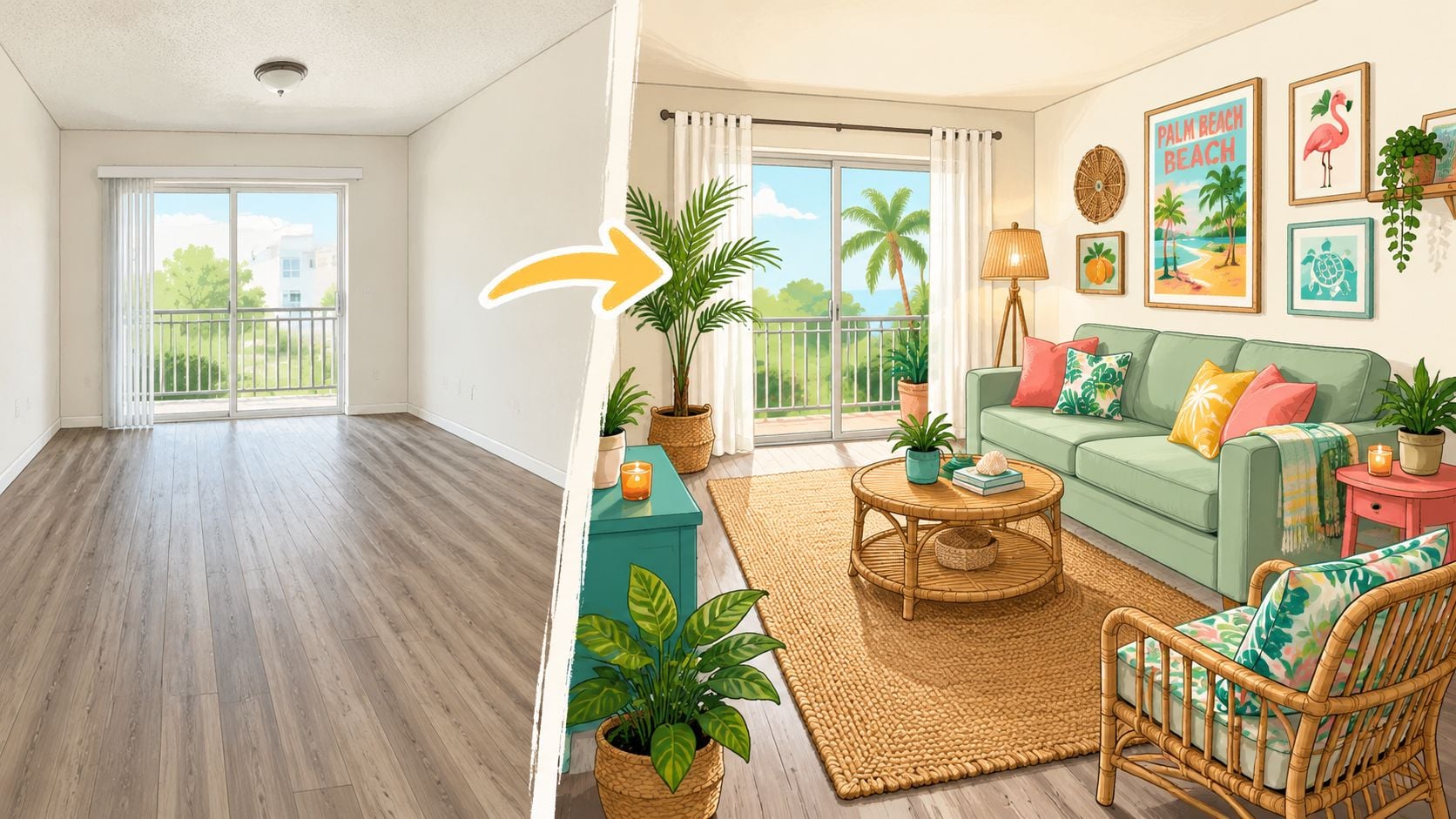 A split view showing an empty room transformed into a cozy coastal style decorated living room space.
