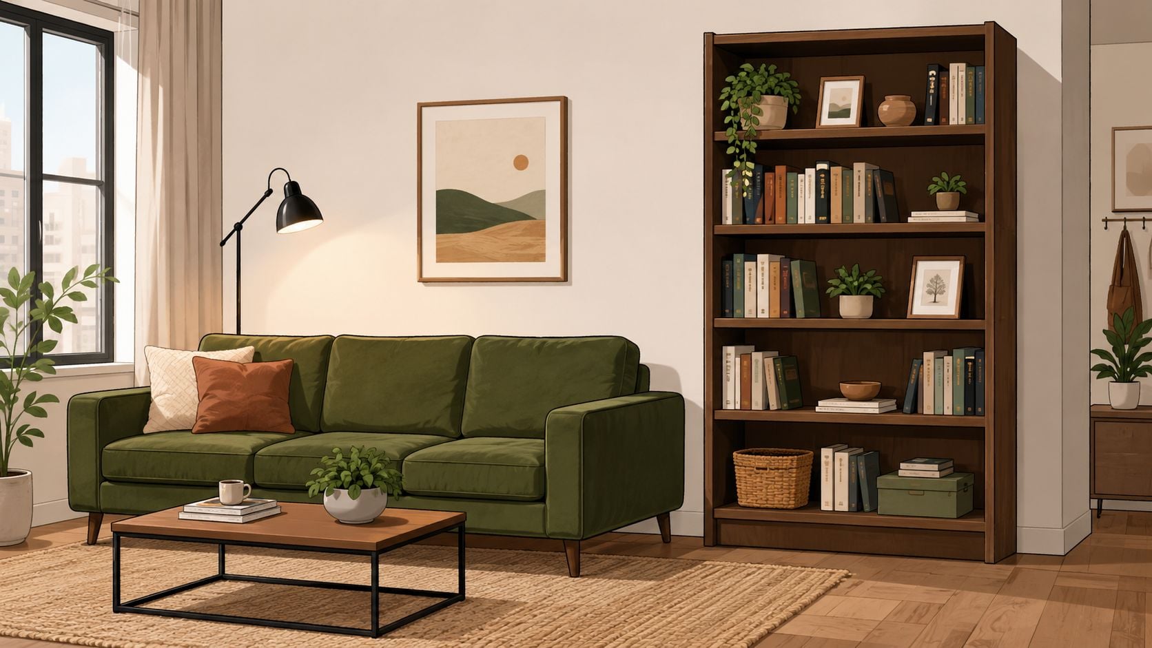 A cozy living room featuring a green sofa, wooden bookshelf, and minimalist decor with warm lighting.