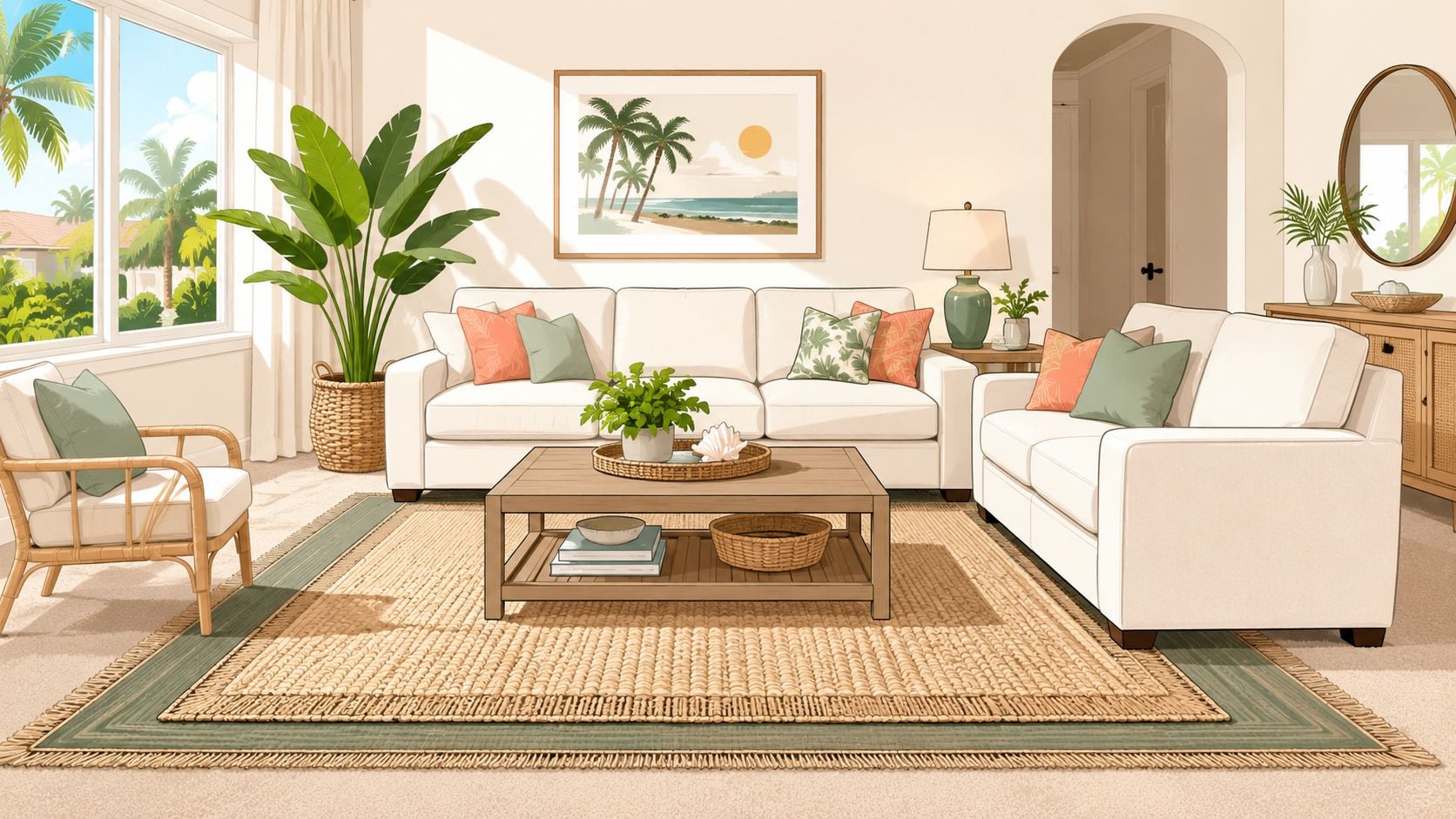 A bright coastal living room featuring a layered area rug on top of carpet with tropical decor.