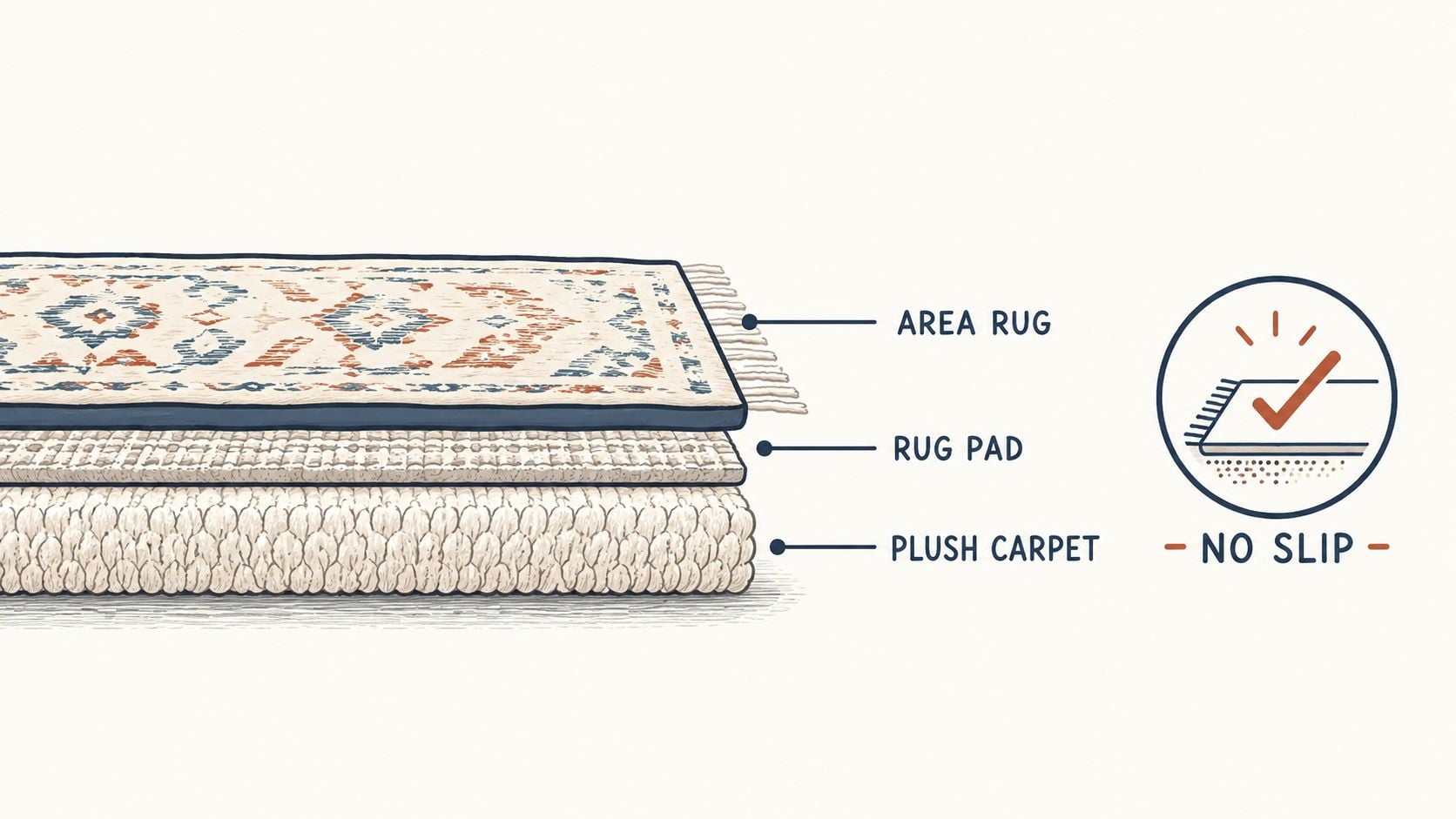 A diagram showing a cross-section of an area rug, a rug pad, and plush carpet for slip prevention.