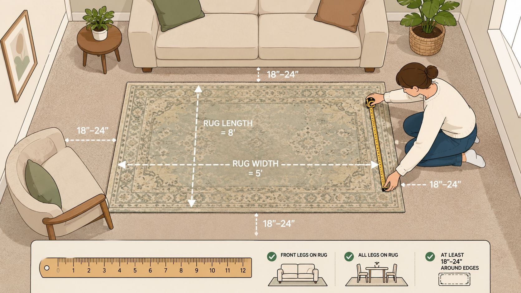 A person measuring an area rug on carpet with a tape measure to ensure proper placement.