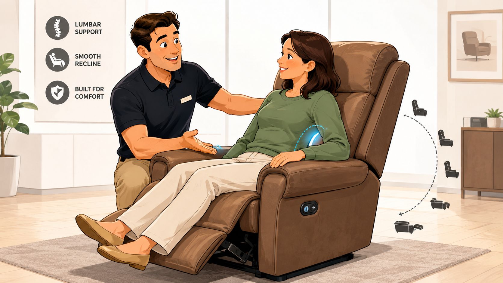 A professional salesperson demonstrates a comfortable, ergonomic brown recliner chair with lumbar support to a happy customer.