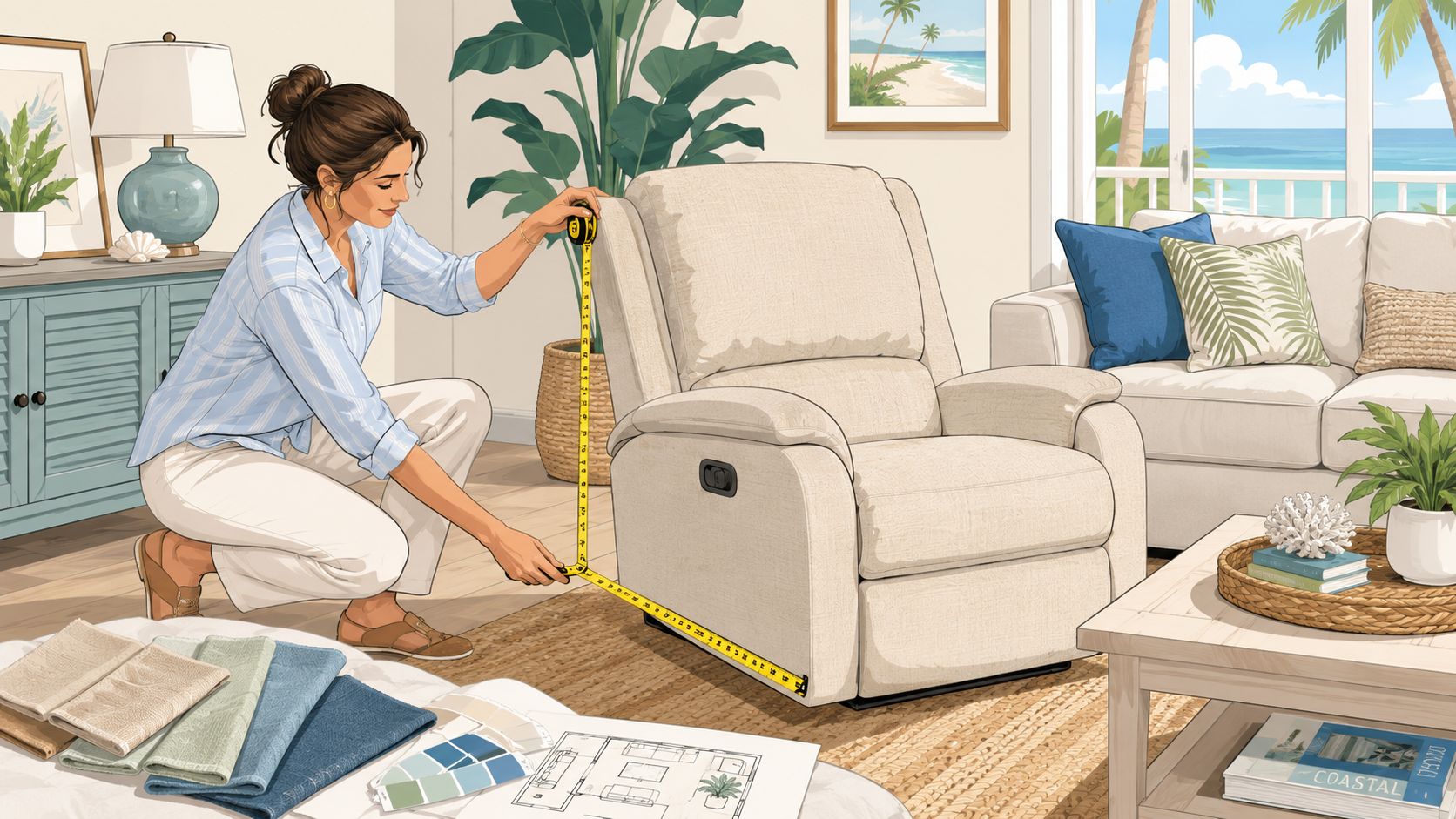A woman measuring a beige recliner chair with a yellow tape measure in a bright coastal living room.